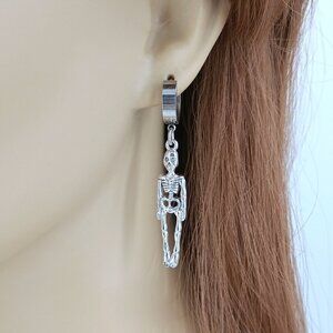 Skeleton Huggie Earrings Silver Stainless Steel Dangle Pair Halloween 3702-100